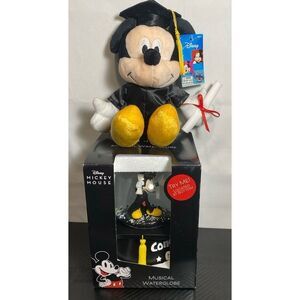 Disney Mickey Mouse Musical Water Globe‎ Congrats Grad Plus Mickey Plush